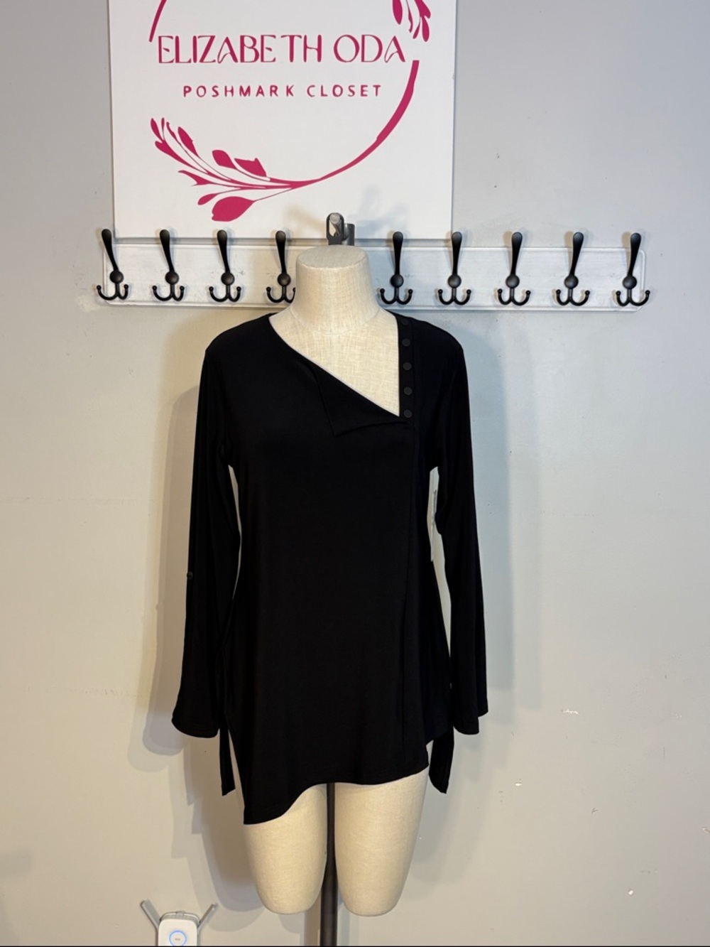 Sympli Black Asymmetrical Button-Trim Long Sleeve Top
